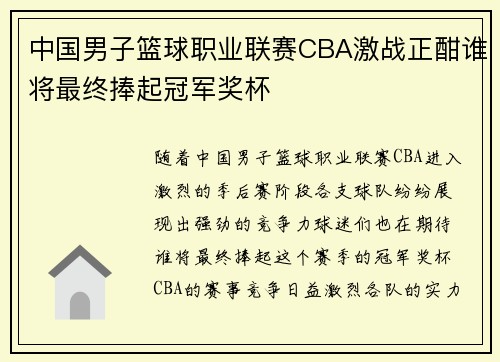中国男子篮球职业联赛CBA激战正酣谁将最终捧起冠军奖杯